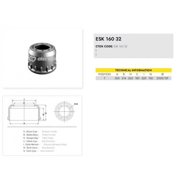 Барабан тормозной  EKERSAN ESK-160.32/ CEYLAN  (305*214)